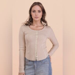 Women's Oatmeal Ribbed Snap Button-Up Top